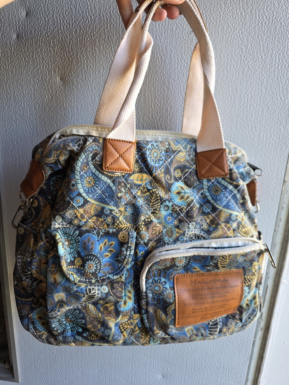 Malirona New Floral Paisley Canvas Tote Boho Festival 90s Bag Blue Brown